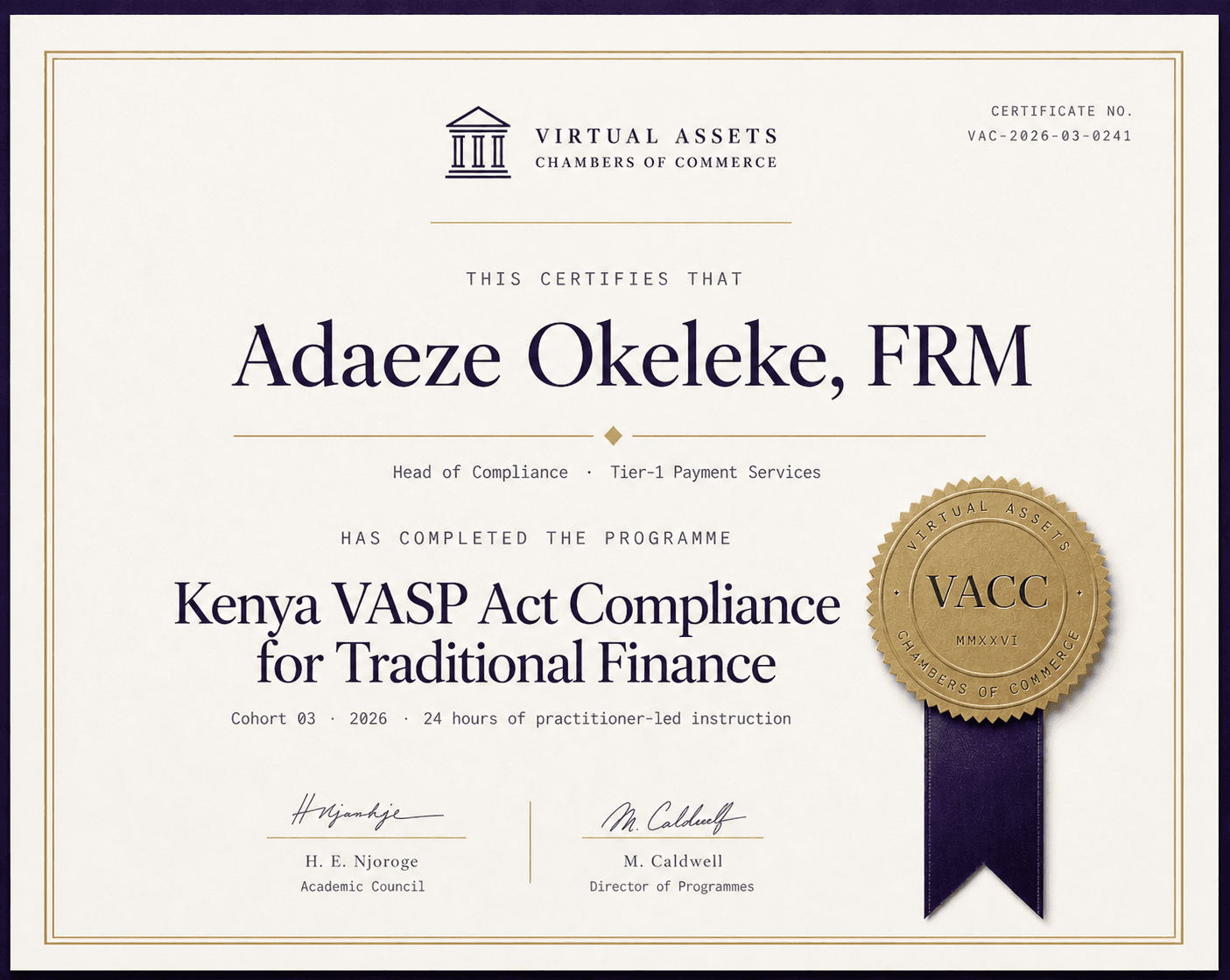 VACC certificate of completion